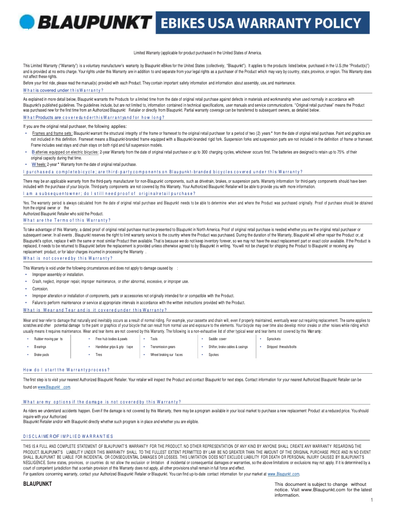 Página 1 del manual Información de garantía Blaupunkt Henri