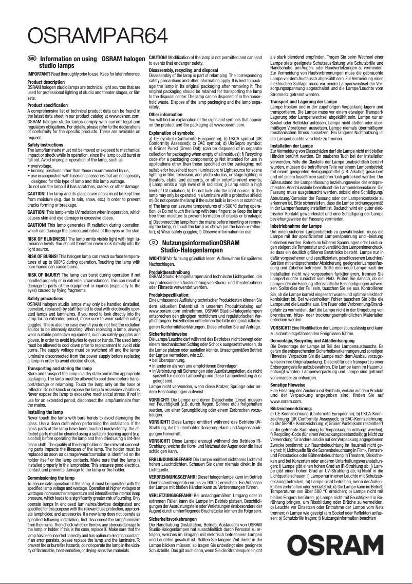 Página 1 del manual Instrucciones / montaje Osram PAR64