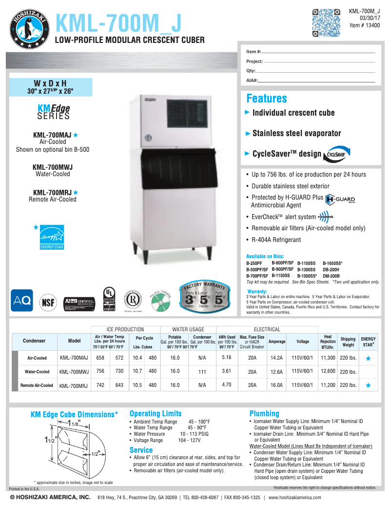 Página 1 del manual Ficha técnica Hoshizaki KML-700MRJ