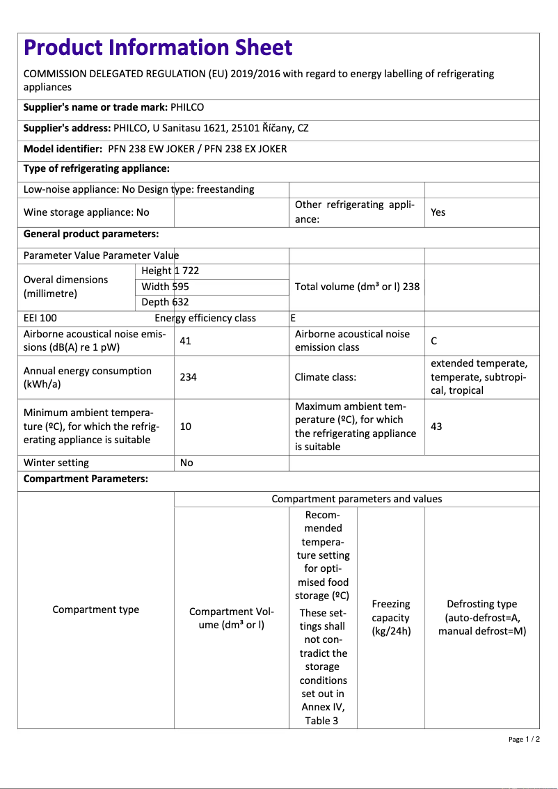 Página nº 1 - Ficha técnica Philco PFN 238 EW JOKER