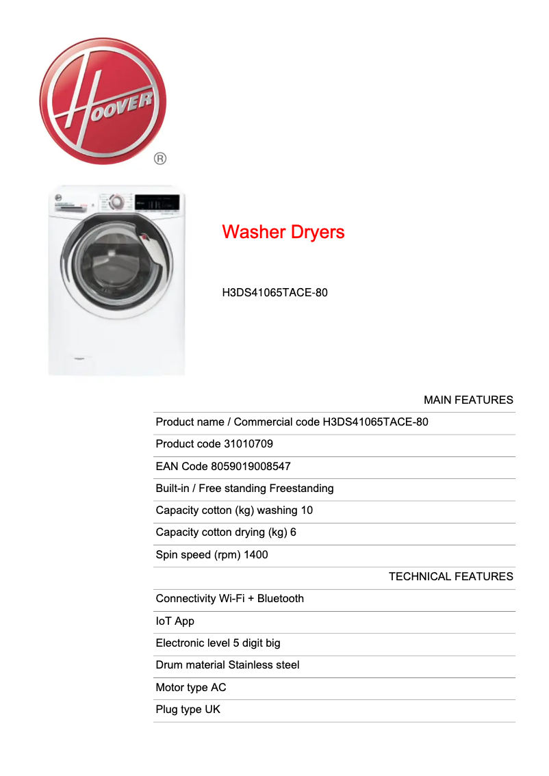 Página 1 del manual Ficha técnica Hoover H-WASH & DRY 300