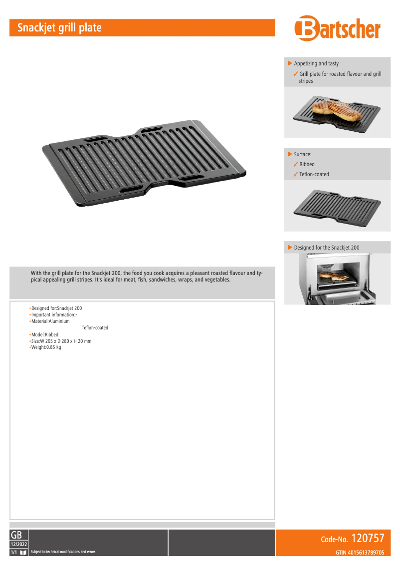 Página 1 del manual Ficha técnica Bartscher Snackjet 120757