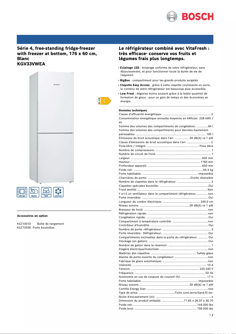 Página nº 1 - Ficha técnica Bosch KGV33VWEA