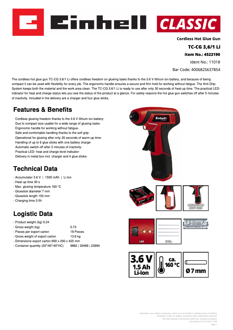 Página 1 del manual Ficha técnica Einhell TC-CG 3,6/1 Li