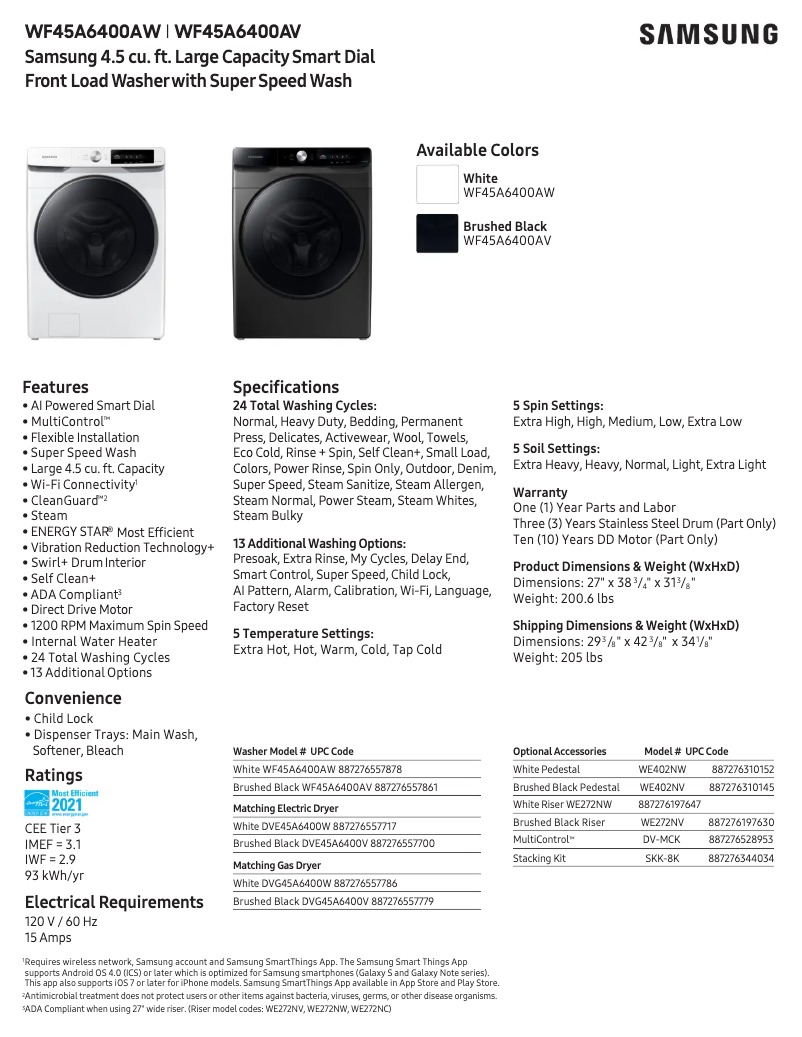 Página 1 del manual Ficha técnica Samsung WF45A6400AW