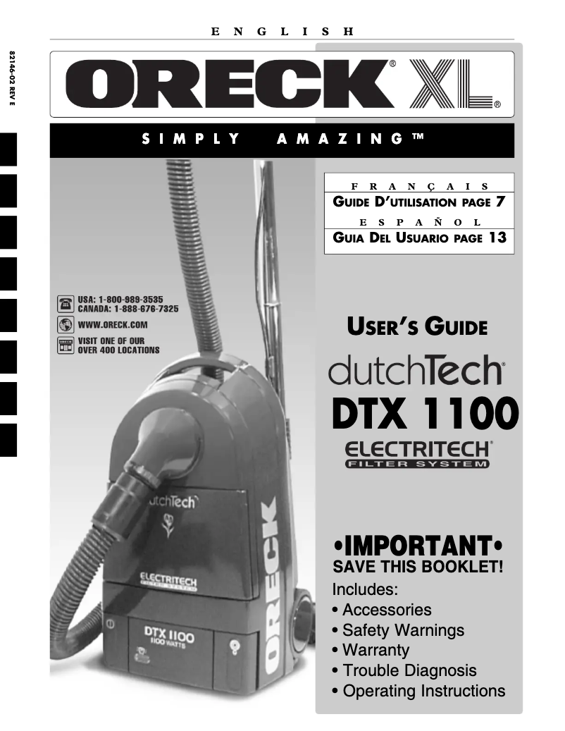 Página 1 del manual Manual de usuario Oreck Dutchtech DTX1100