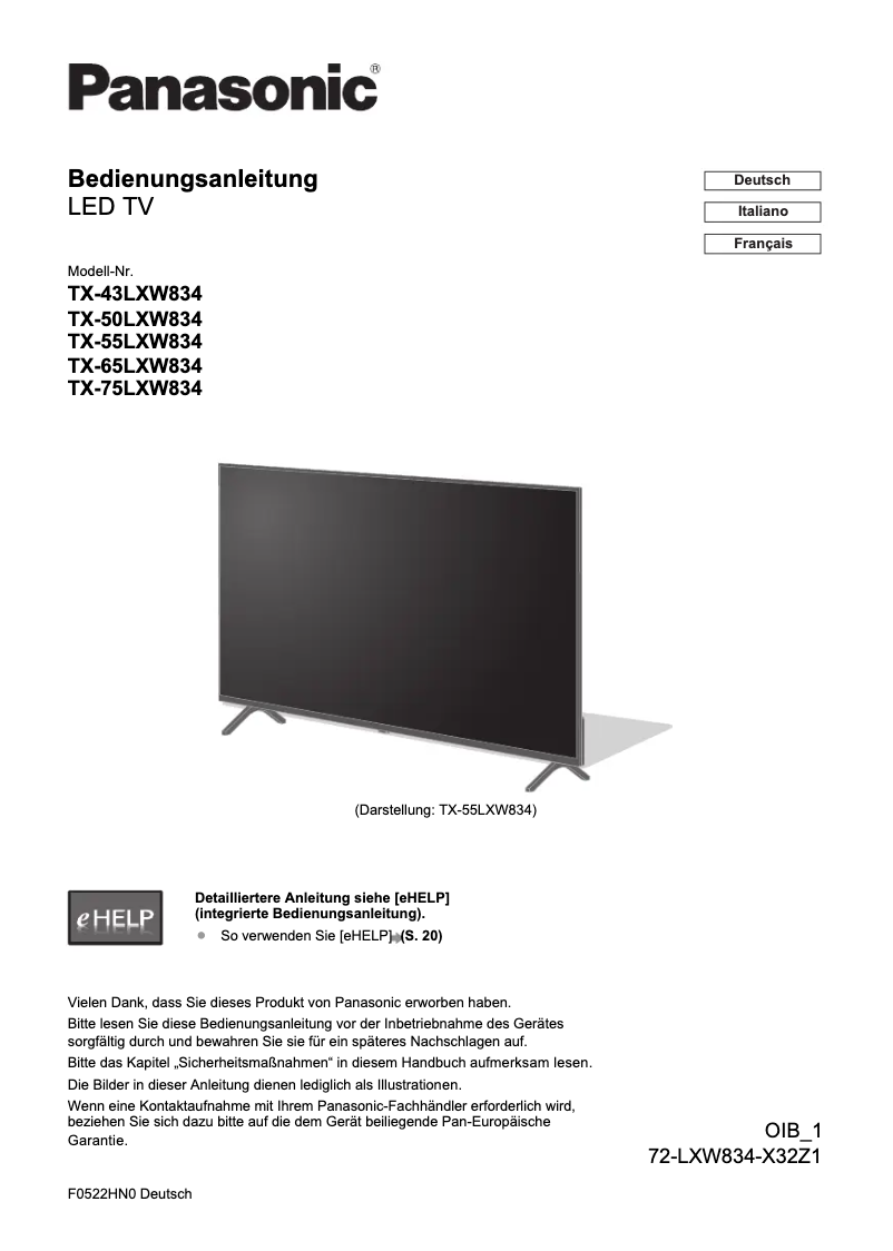 Página 1 del manual Guía de inicio rápido Panasonic TX-50LXW834