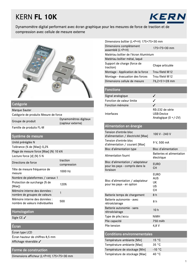 Página 1 del manual Ficha técnica Kern FL 10K