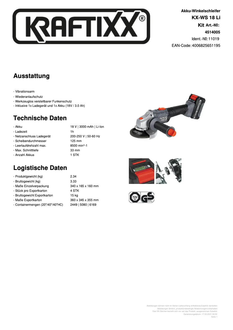 Página 1 del manual Ficha técnica Kraftixx KX-WS 18 Li