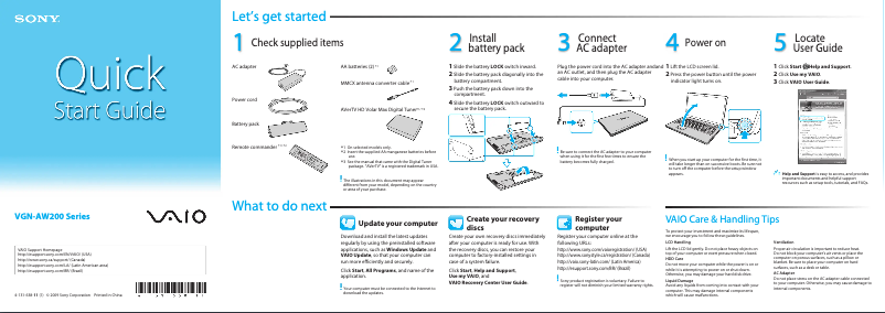 Imagen de la primera página del manual del dispositivo Vaio VGN-AW290J/AH