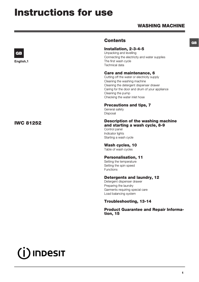 Página nº 1 - Manual de instrucciones Indesit IWC 81252 ECO UK.M