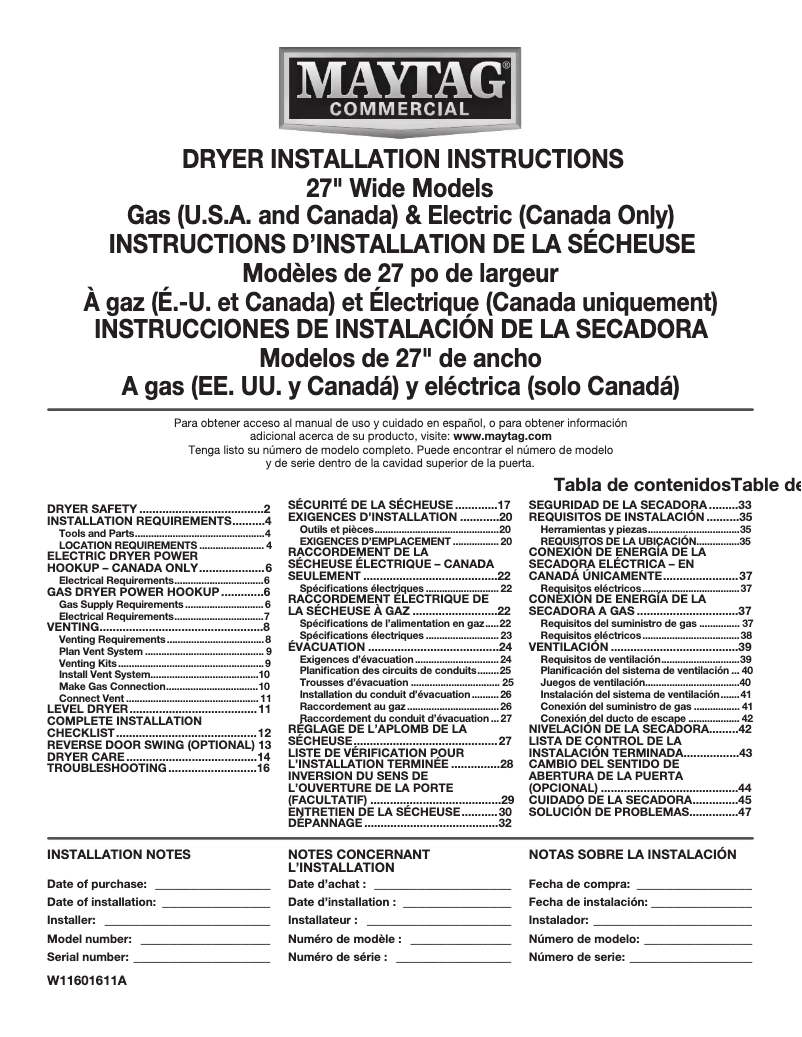 Página 1 del manual Guía de instalación Maytag MGDP585GW