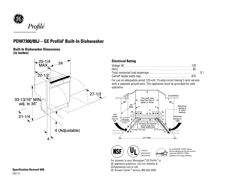 Página 1 del manual Ficha técnica GE PDW7300JCC