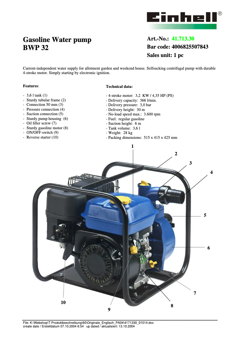 Imagen de la primera página del manual del dispositivo BWP 32