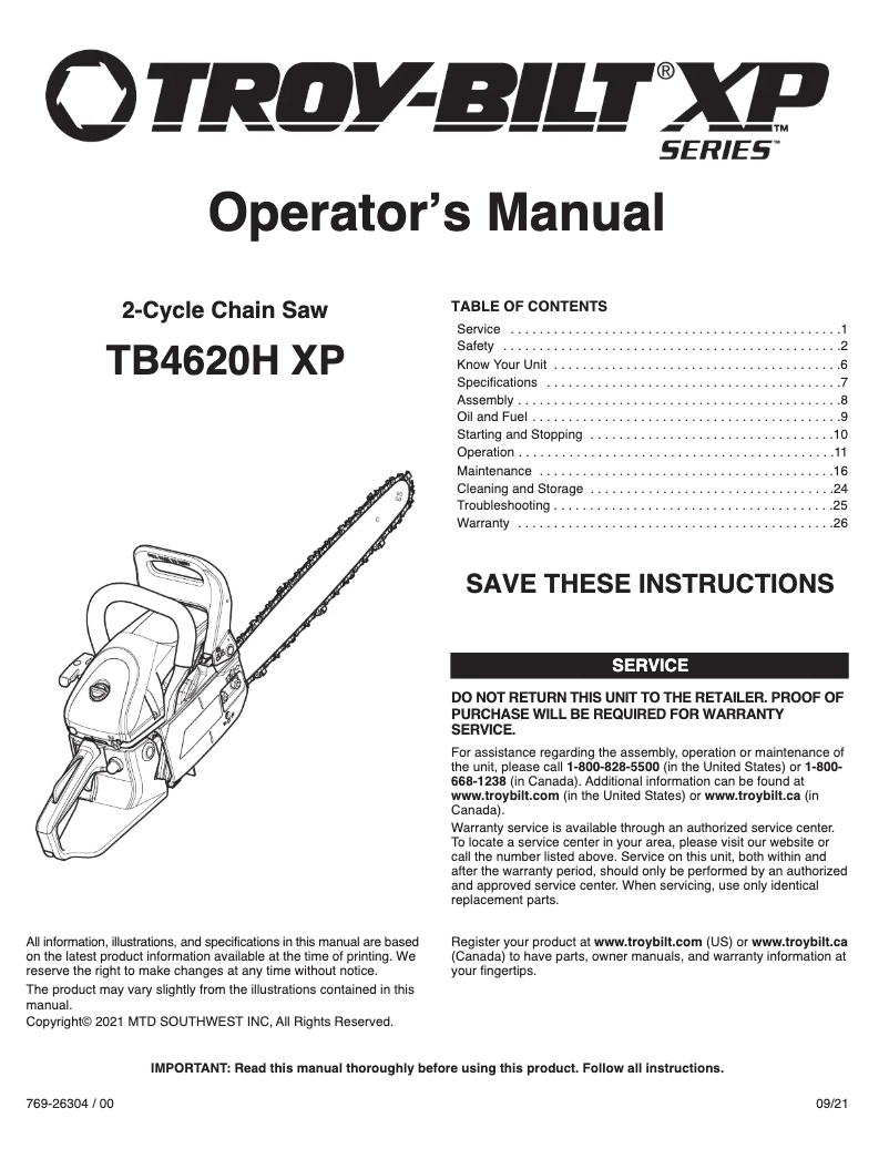 Página 1 del manual Manual de usuario Troy-Bilt TB4620H XP