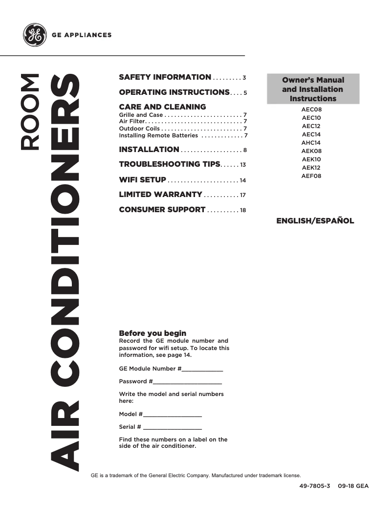 Página 1 del manual Guía de instalación GE AEC12AY