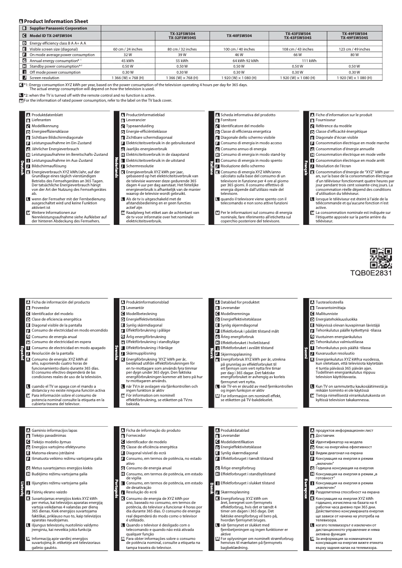 Página 1 del manual Ficha técnica Panasonic TX-24FSW504