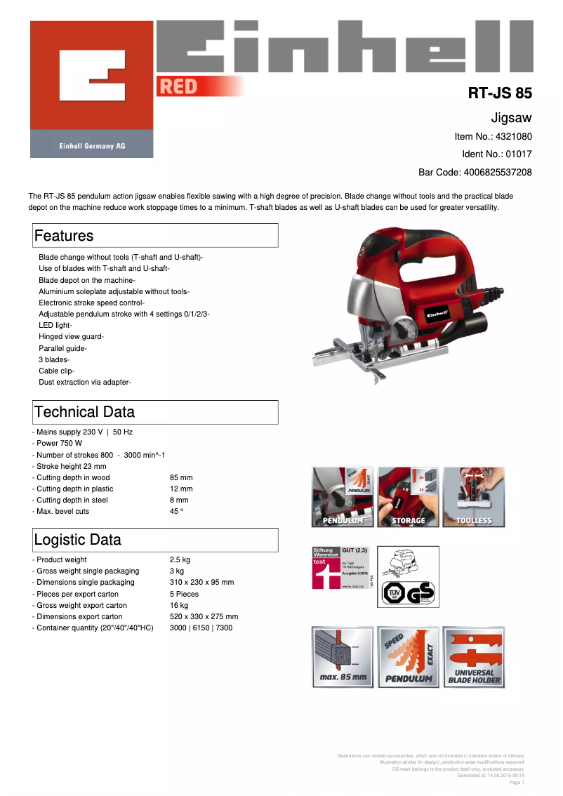 Página nº 1 - Ficha técnica Einhell RT-JS 85