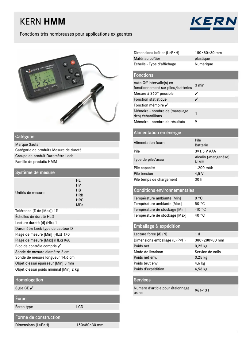 Página 1 del manual Ficha técnica Kern HMM