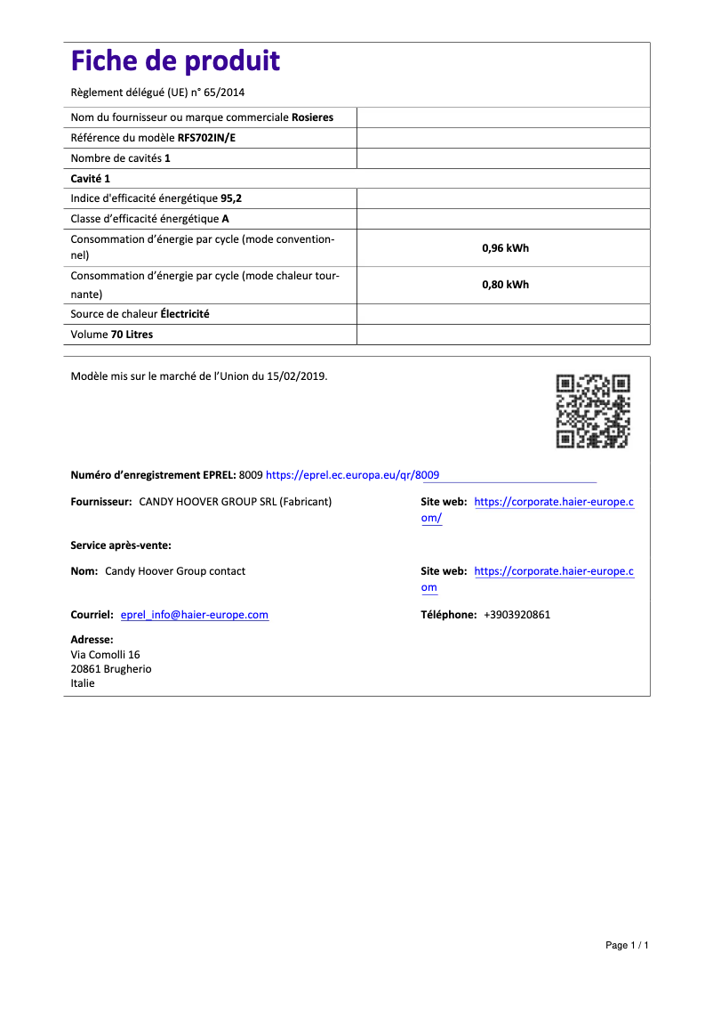 Página 1 del manual Ficha técnica Rosieres RFS 702 IN
