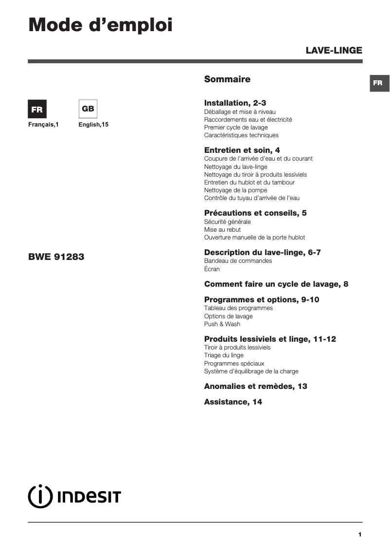Página 1 del manual Manual de usuario Indesit BWE 91283X W FR