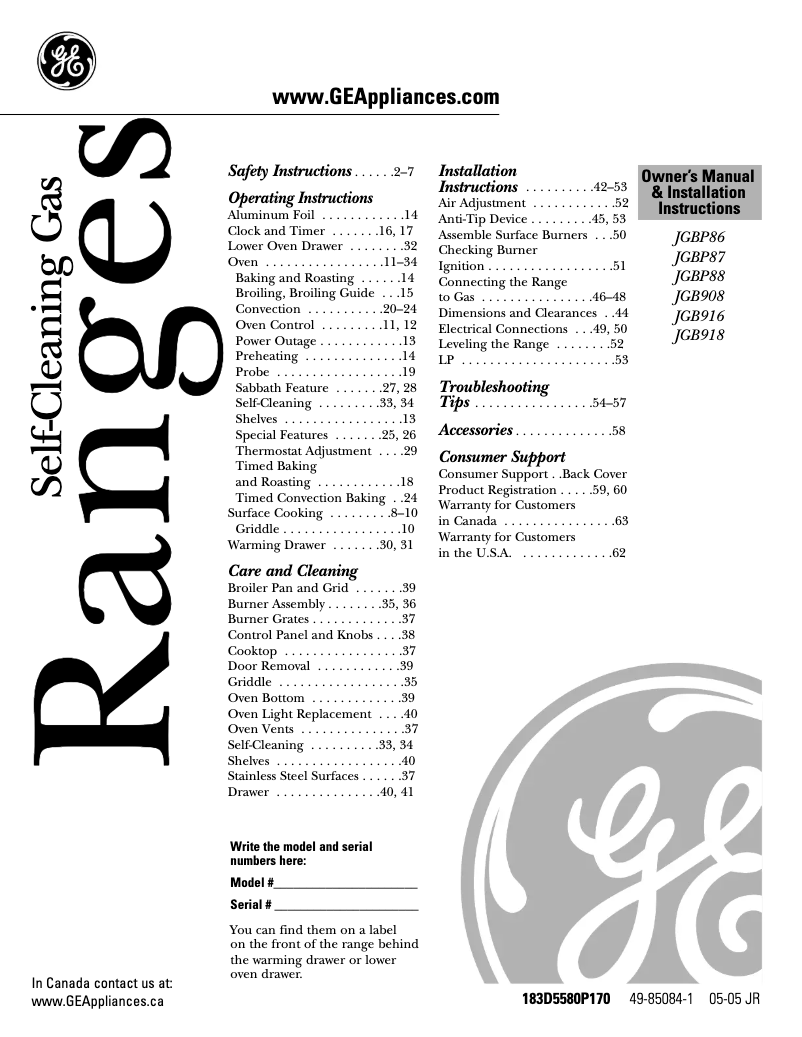 Imagen de la primera página del manual del dispositivo JGB916SELSS