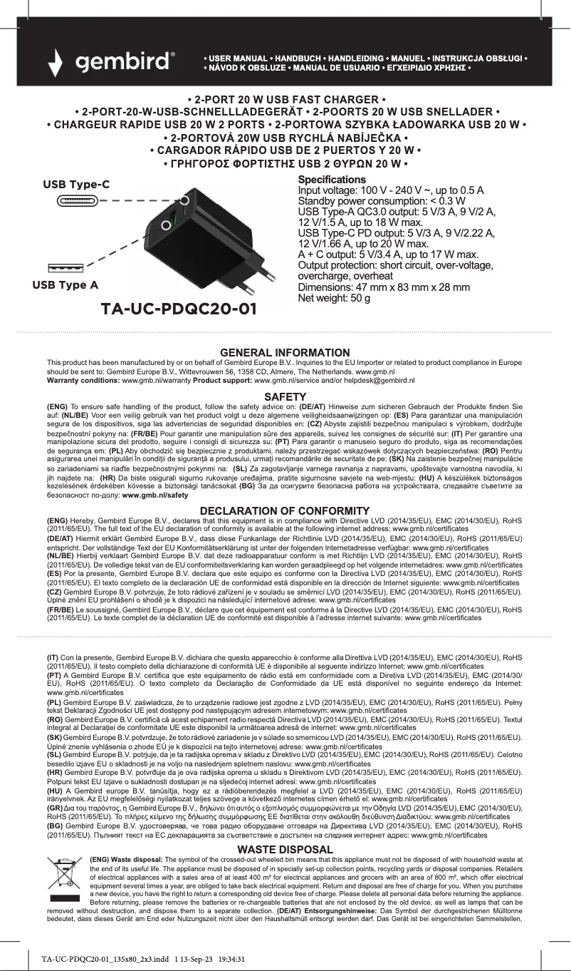Imagen de la primera página del manual del dispositivo TA-UC-PDQC20-01