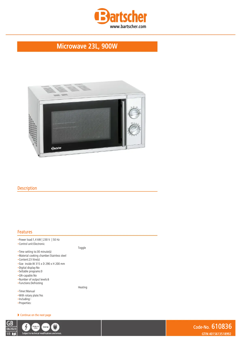 Página 1 del manual Ficha técnica Bartscher 610836