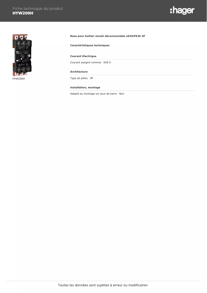 Página 1 del manual Ficha técnica Hager HYW200H
