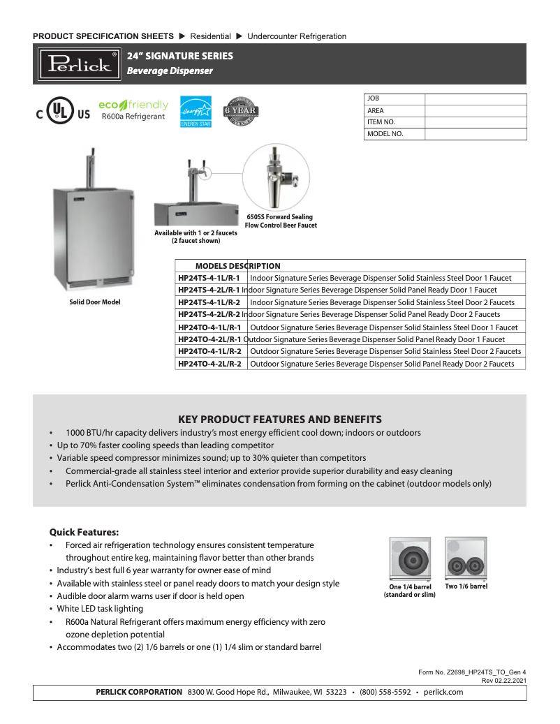 Página 1 del manual Ficha técnica Perlick HP24TS-4-1L-1