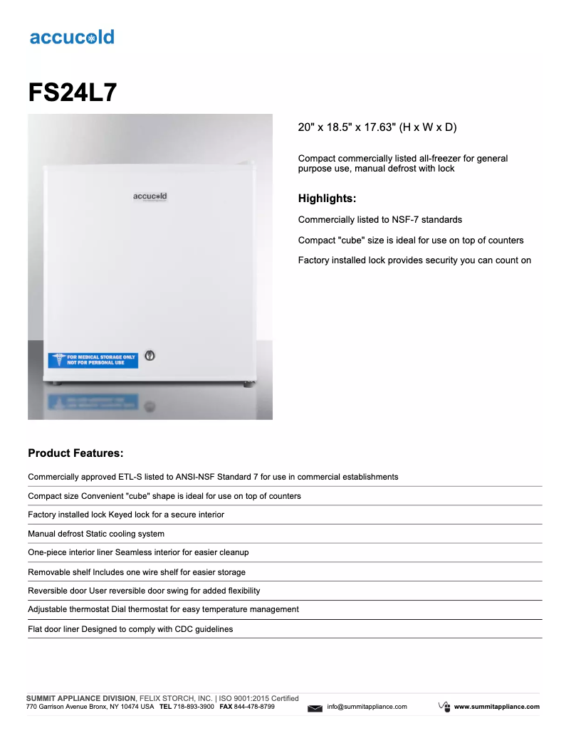 Página 1 del manual Ficha técnica Summit Accucold FS24L7
