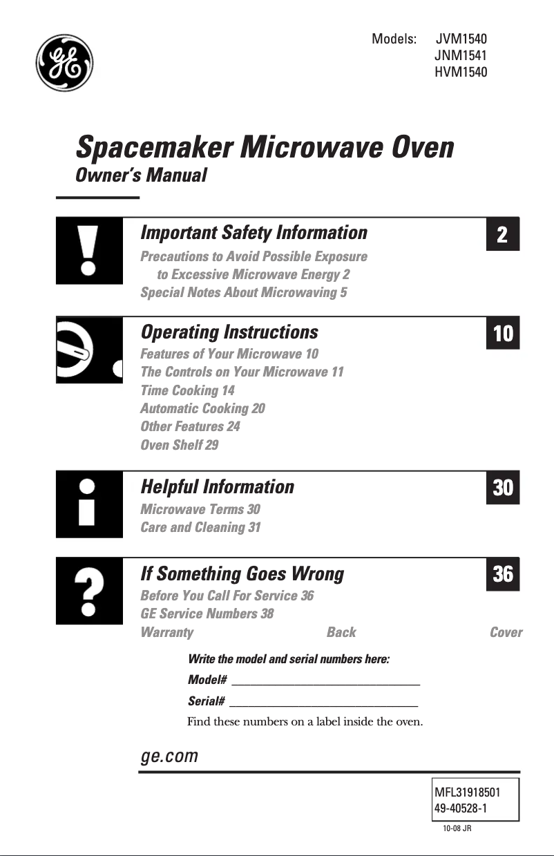 Imagen de la primera página del manual del dispositivo Spacemaker JVM1540DMWW