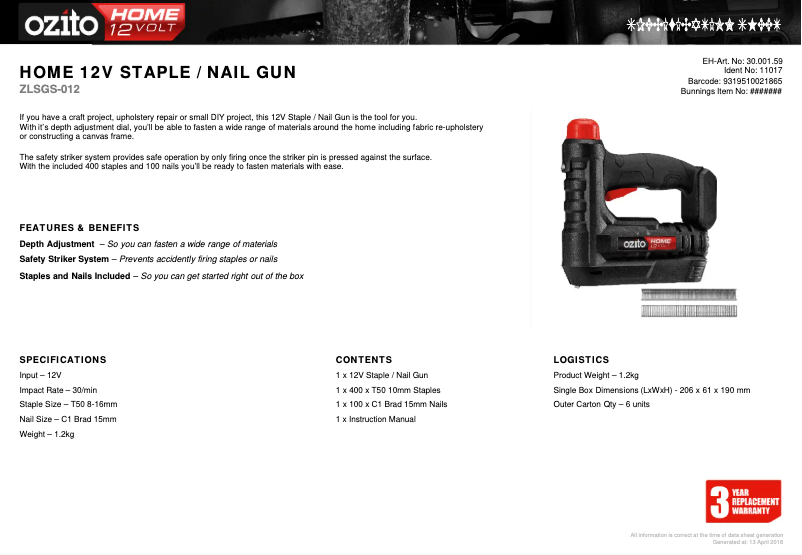 Página 1 del manual Ficha técnica Ozito ZLSGS-012