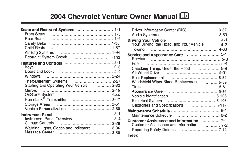 Página 1 del manual Manual de usuario Chevrolet Venture (1997)