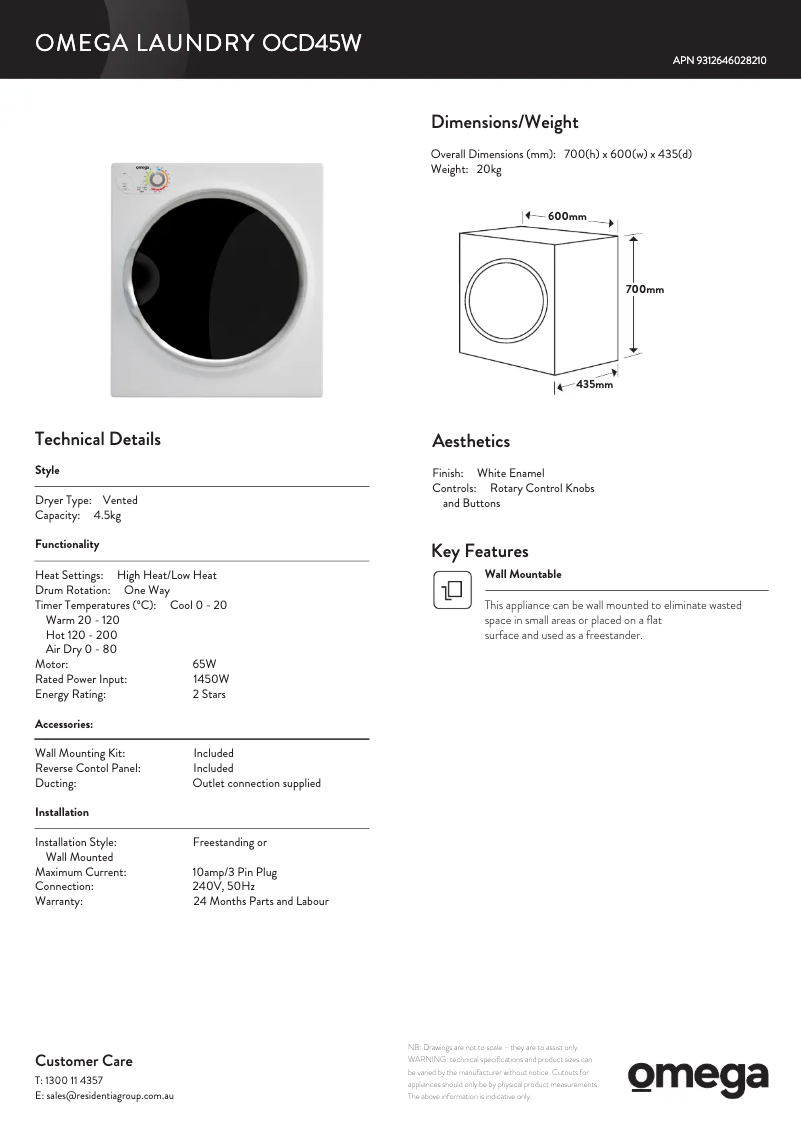 Página 1 del manual Ficha técnica Omega OCD45W