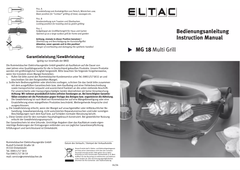 Imagen de la primera página del manual del dispositivo ELTAC MG 18