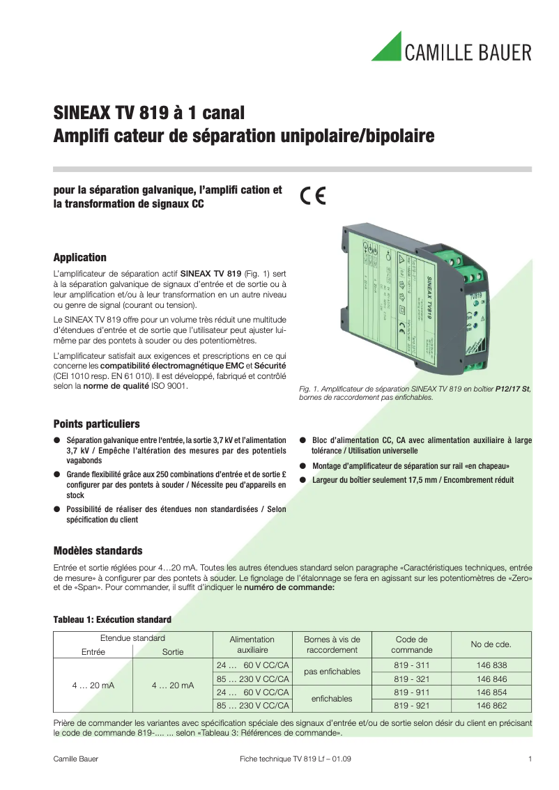 Página 1 del manual Ficha técnica Camille Bauer Sineax TV819