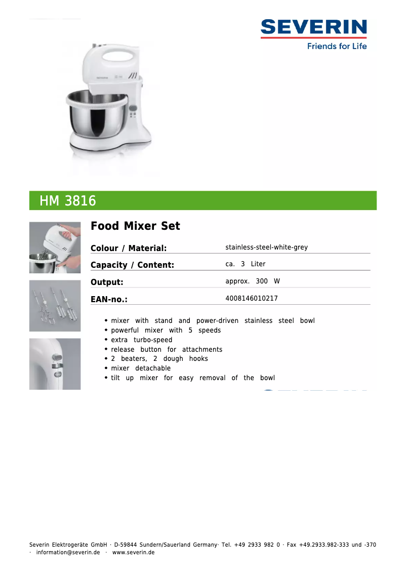 Página 1 del manual Ficha técnica Severin HM 3816