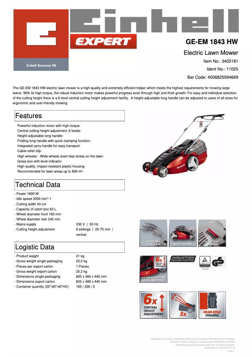 Página 1 del manual Ficha técnica Einhell GE-EM 1843 HW