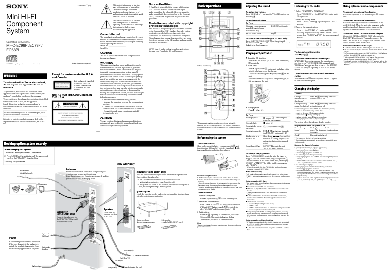 Imagen de la primera página del manual del dispositivo MHC-EC68Pi