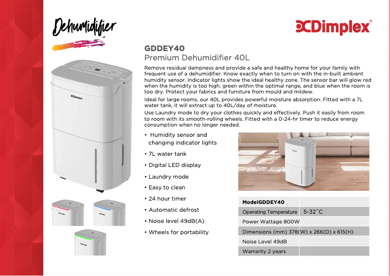 Página 1 del manual Ficha técnica Dimplex GDDEY40