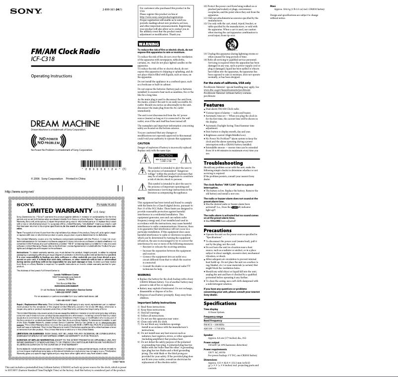 Imagen de la primera página del manual del dispositivo ICF-C318S