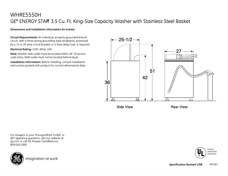 Página 1 del manual Ficha técnica GE WHRE5550HWW