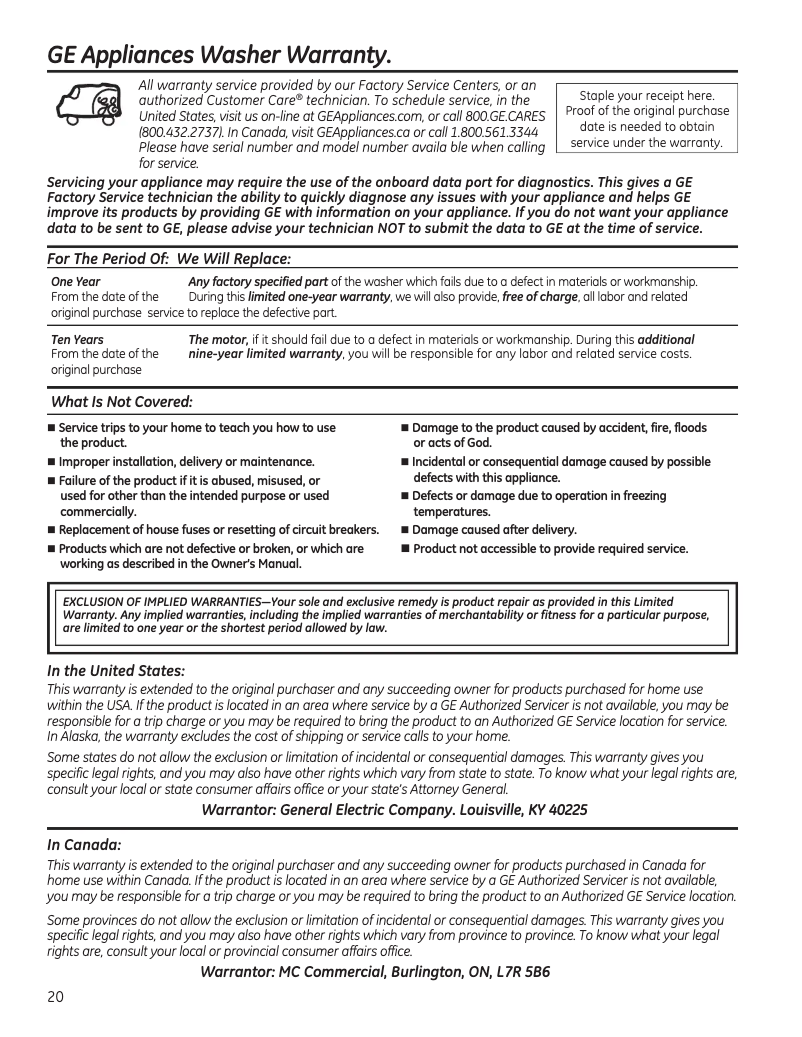 Página 1 del manual Información de garantía GE GUD27GSSMWW