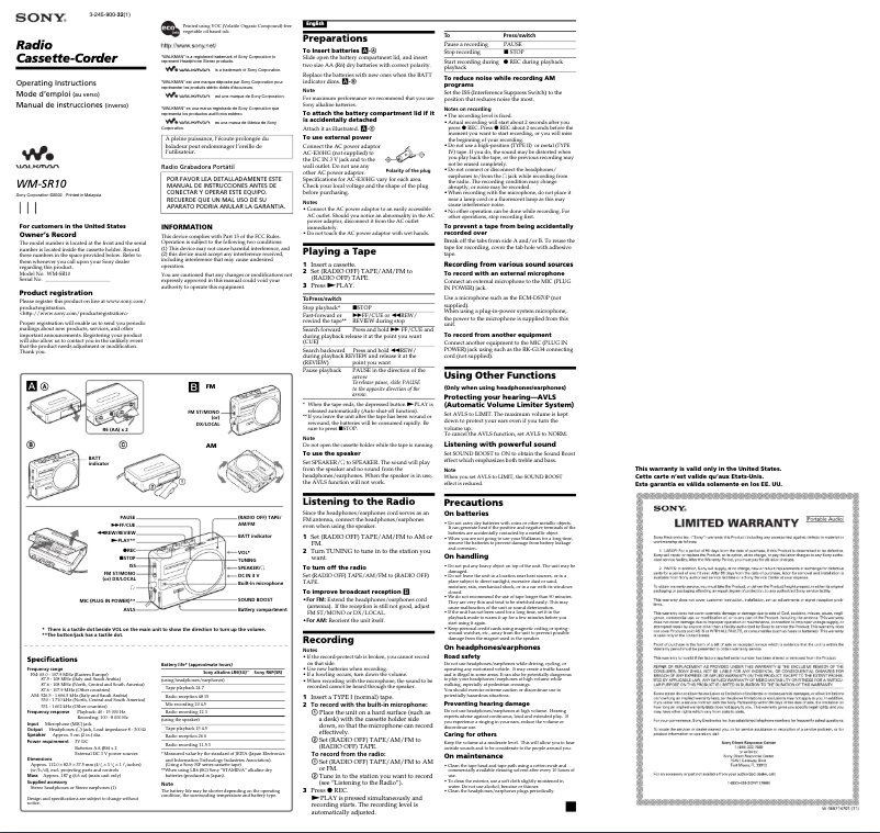 Imagen de la primera página del manual del dispositivo Walkman WM-SR10