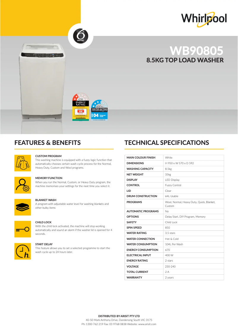 Página 1 del manual Ficha técnica Whirlpool WB90805