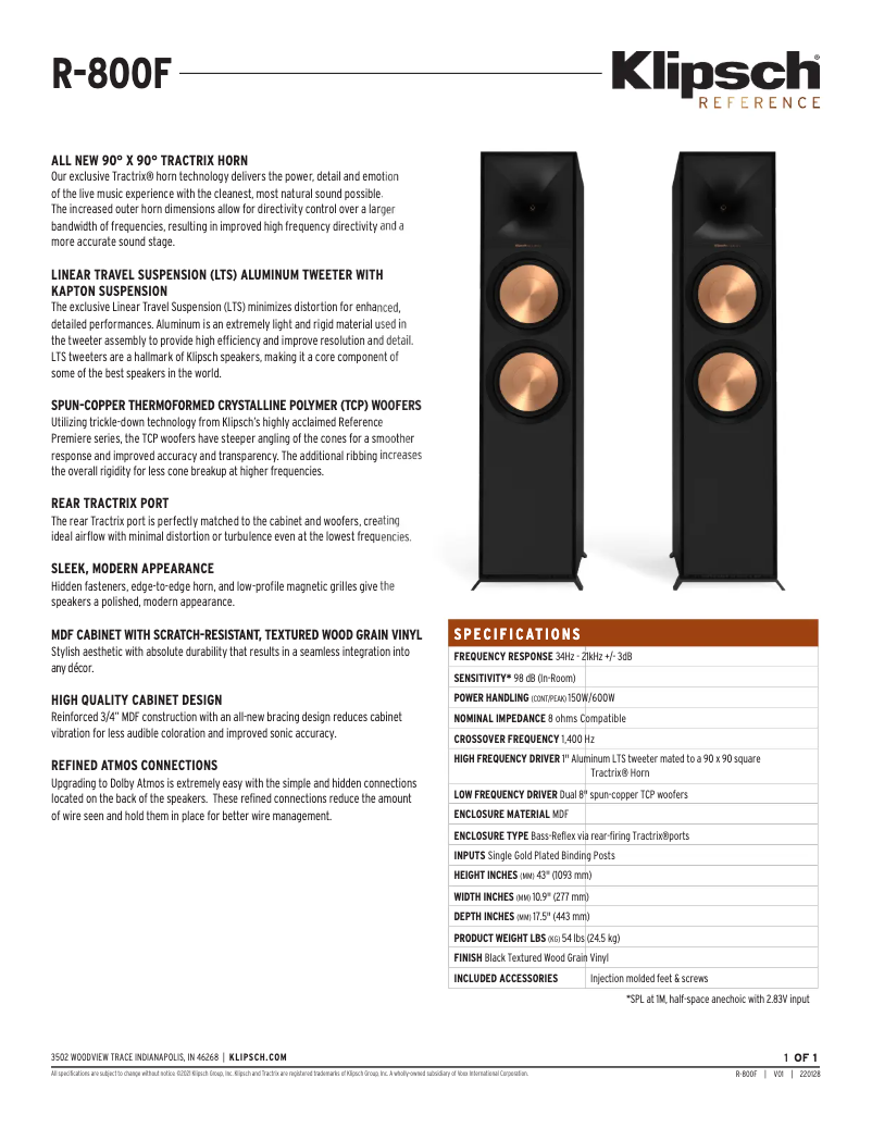 Página 1 del manual Ficha técnica Klipsch R-800F