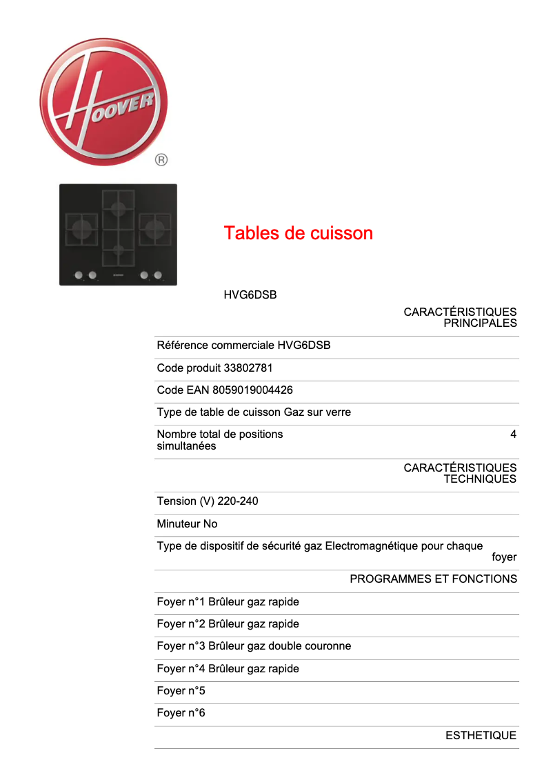 Página 1 del manual Ficha técnica Hoover H-HOB 500 HVG6DSB