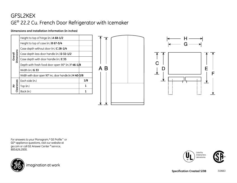Página 1 del manual Ficha técnica GE GFSL2KEXLS
