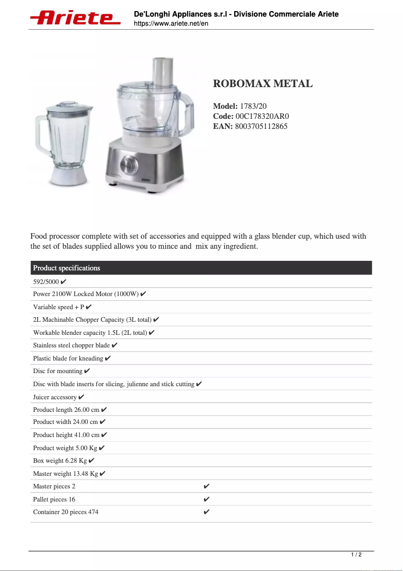 Página 1 del manual Ficha técnica Ariete RoboMax Metal 1783